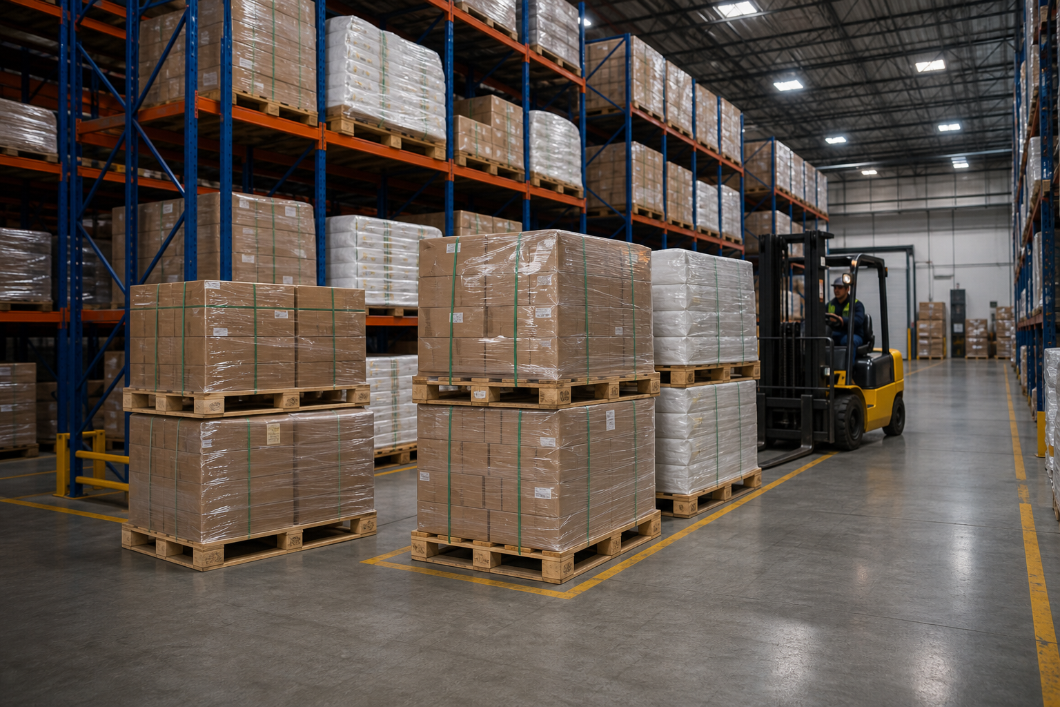 Pasillo de almacén industrial con pallets de madera y estiba estable