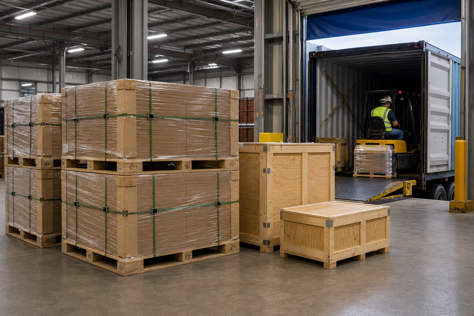 Embalaje industrial con tarimas y huacales listos para transporte seguro