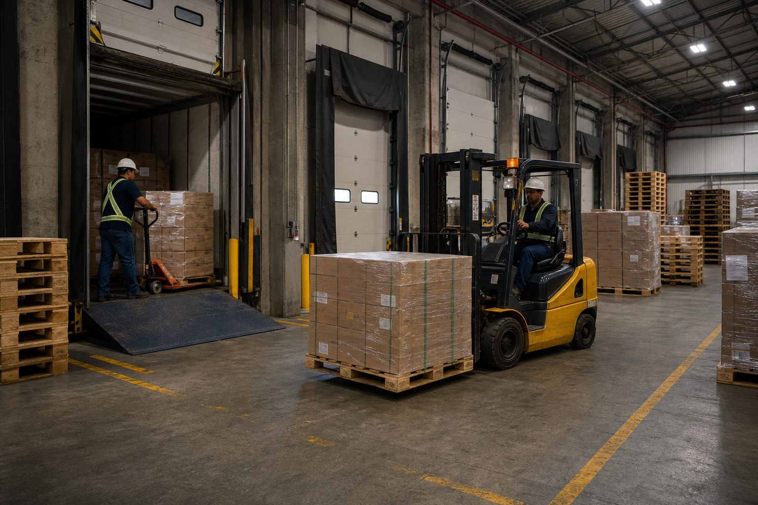 Pallets de madera moviéndose en operación logística de cadena de suministro