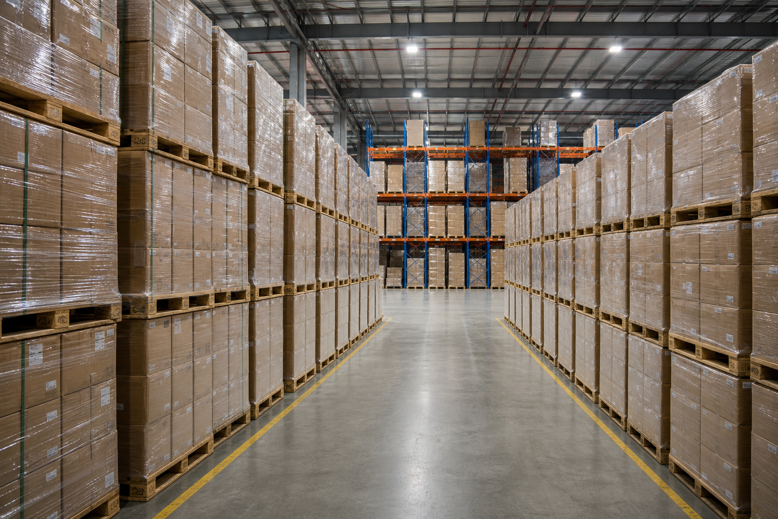 Almacén industrial con pallets de madera organizados optimizando espacio
