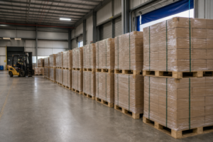 Pallets de madera con producto listo para entrega a cliente en almacén
