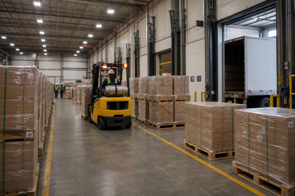 Tarimas de madera en zona de staging de un centro de distribución en México