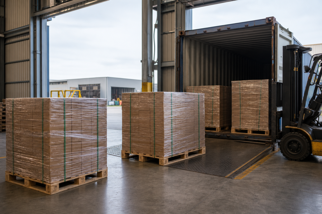 Tarimas HT con carga preparada para exportación en área de embarque