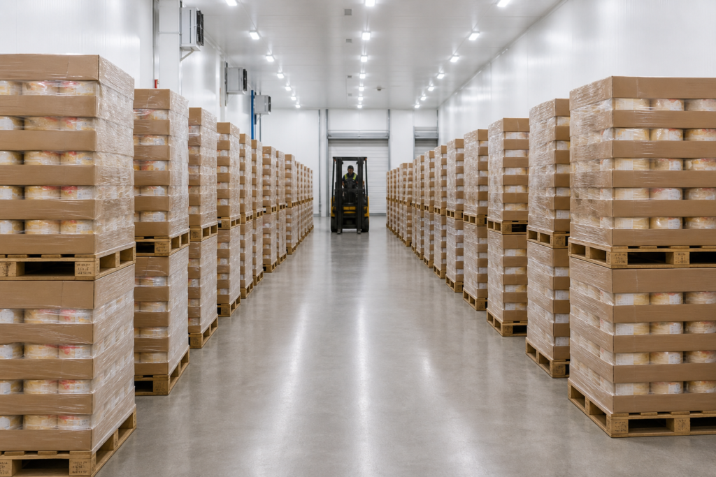 Tarimas de madera limpias usadas para cajas de producto alimentario en almacén